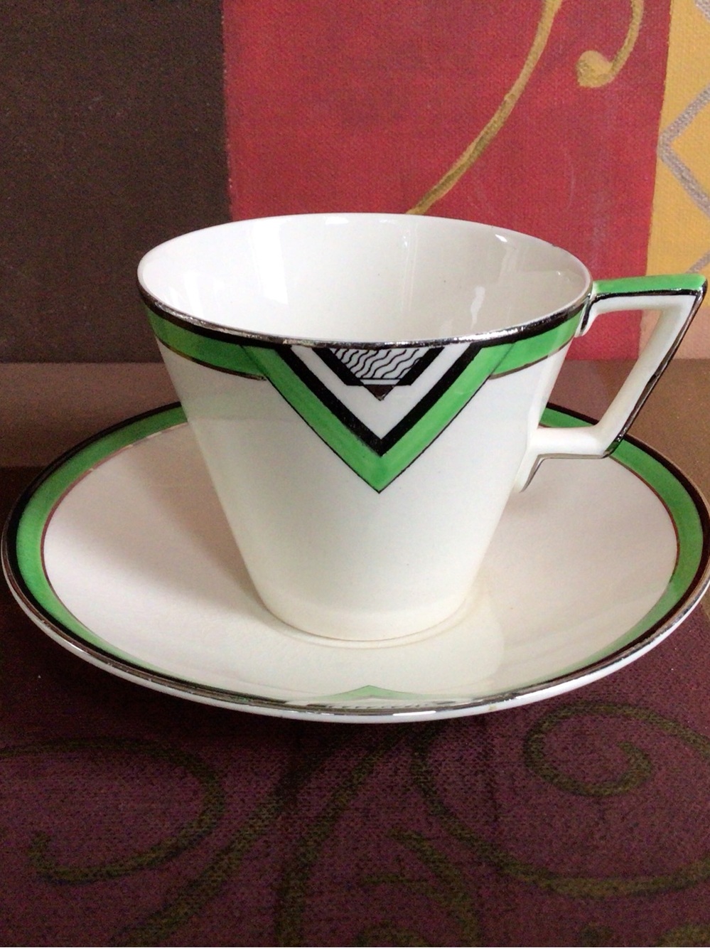 Wedgwood & Co Ltd Green Black Border Teacup And Saucer, Art Deco Earthenware